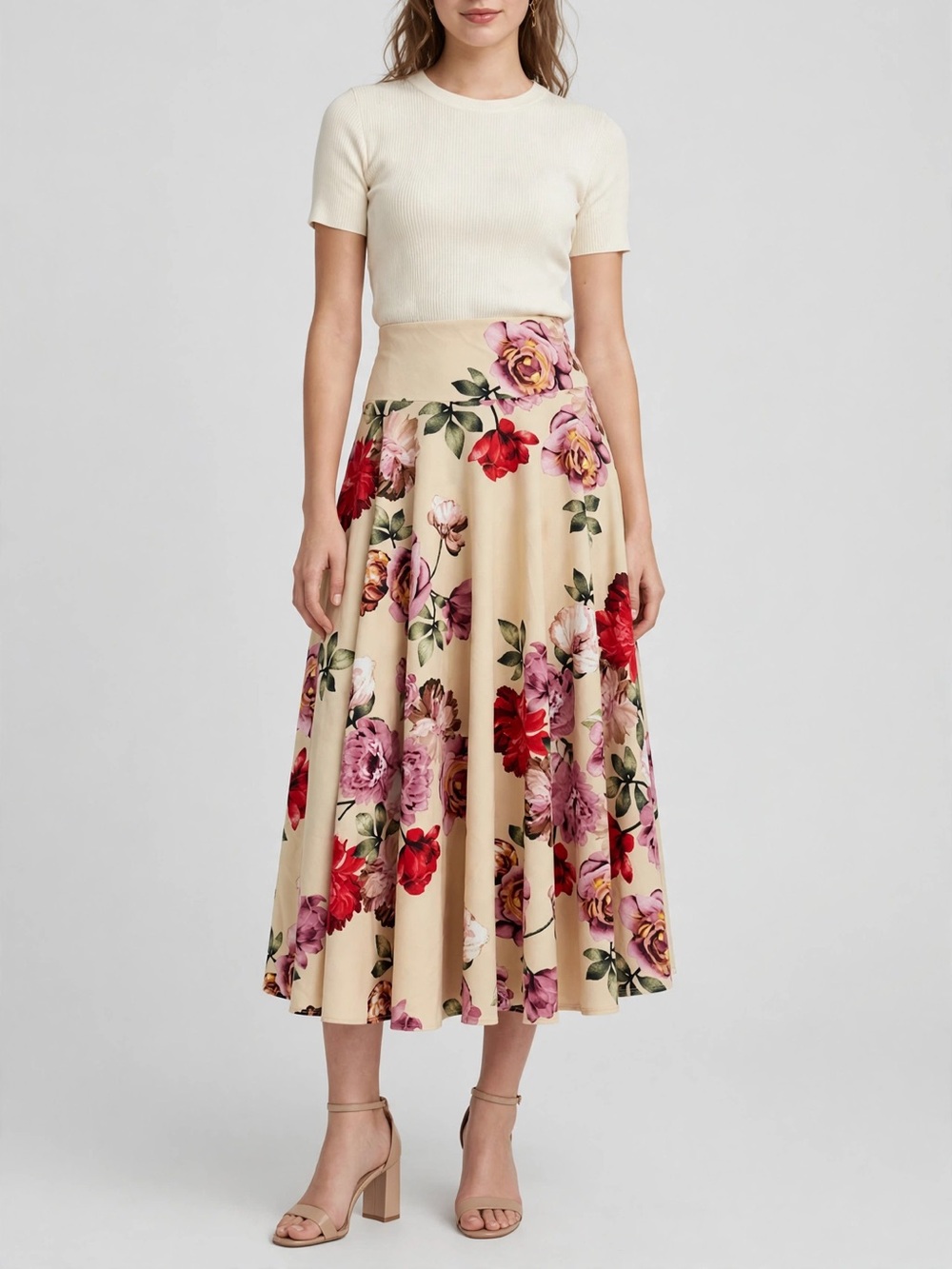 Floral Midi Skirt Beige Pink Red Rose Print A-Line Pockets XL Cottagecore Boho
